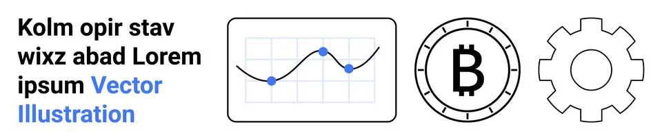 Line graph with data points, Bitcoin cryptocurrency symbol, and cogwheel gear Illustrazione stock