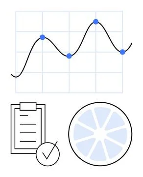 Line graph with data points, checklist with a checkmark, and segmented circle Stock Illustration