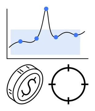 Line graph with data points, dollar coin, and target. Ideal for business anal 스톡 일러스트