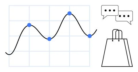 Line graph with data points on a grid, a shopping bag icon, and chat bubbles. Illustrazione stock