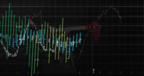 On line graph ending, green and white bars emerging around pumpjack, visualizing Stock Footage 316624316