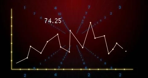 Line graph with fluctuating data points over numerical image on red background Illustrazione stock