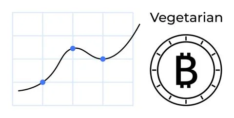 Line graph with four data points, cryptocurrency coin symbol, and Vegetarian  Stock Illustration