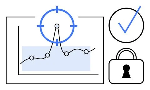 Line graph with nodes and a target, check mark, and lock icon emphasizing dat Stock Illustration
