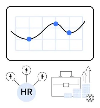Line graph with nodes, HR circle connected to people icons, briefcase, upward Illustrazione stock