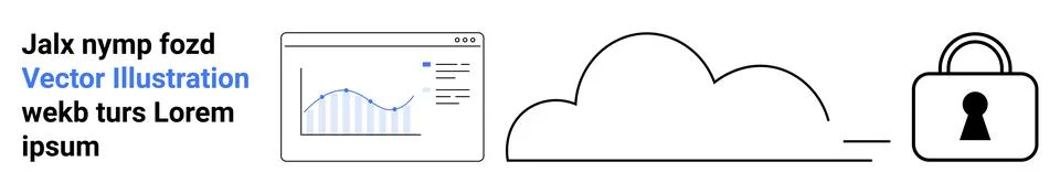Line graph on screen, cloud icon, and a lock illustrating data analytics, clo 스톡 일러스트