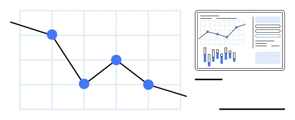 Line graph showing a declining trend with data points in blue circles, next t Stock Illustration