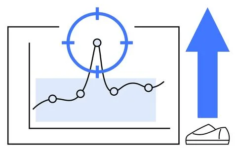 Line graph with target symbol above upward-pointing arrow and shoe icon. Idea Ilustración de archivo