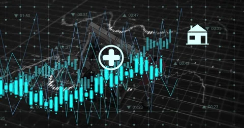 Line graph tracing starting candlesticks rising as rig nodding, icons appearing Vídeo Stock 312228692