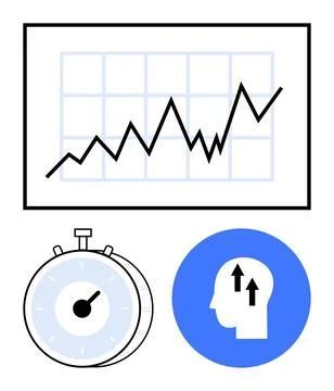 Line graph with upward trend, stopwatch for time management, head icon with a イラスト素材