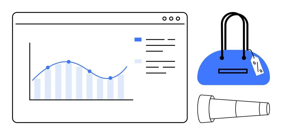 Line graph on web page for data analysis, shopping bag with price tag, and te Stock Illustration