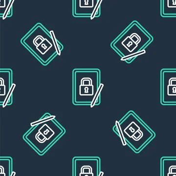 Line Graphic tablet with closed padlock icon isolated seamless pattern on black Stock Illustration