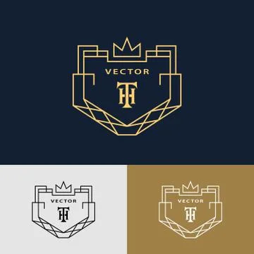 Line graphics monogram. Abstract logo with crown. Vector template in trendy   Illustrazione stock