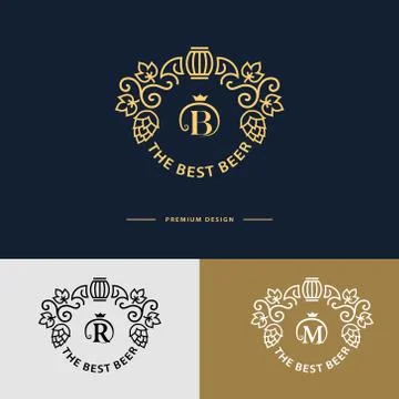 Line graphics monogram. Logo design with barrel , hops and leaves  for beer hous Stock Illustration