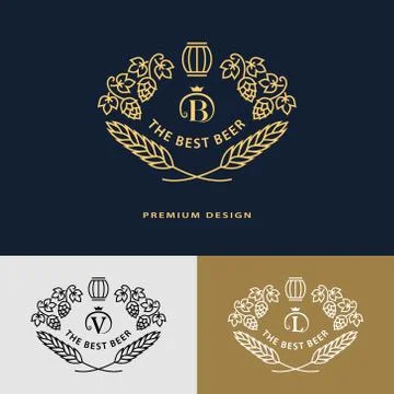 Line graphics monogram. Logo design frame ornament template with barrel, hops Stock-Illustration