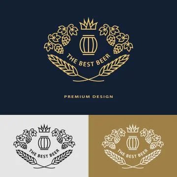 Line graphics monogram. Logo design frame ornament template with barrel, hops Illustrazione stock
