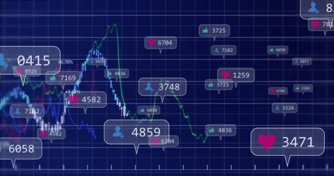 Line graphs flowing in flat design, candlesticks rising, counters showing likes Stock Footage 307468841