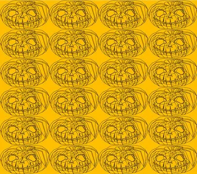 Line halloween pumpkins. Seamless pattern on yelllow background Stock Illustration