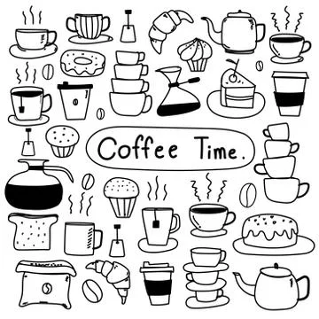 Line Hand Drawn Doodle Vector Set Of Coffee.  Stock Illustration