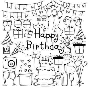 Line Hand Drawn Doodle Vector Happy Birthday Set. Illustrazione stock