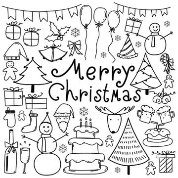 Line Hand Drawn Doodle Vector Merry Christmas Set. Stock Illustration