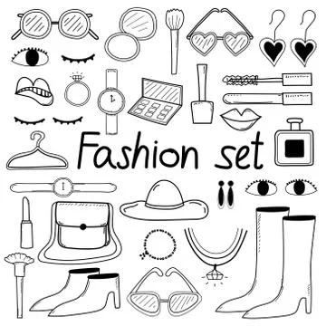 Line Hand Drawn Doodle Vector Fashion Set. Stock Illustration