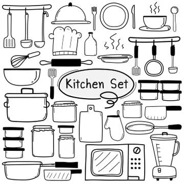 Line Hand Drawn Doodle Vector Kitchen Set Include Cooking Equipment. Vector Illu Stock Illustration