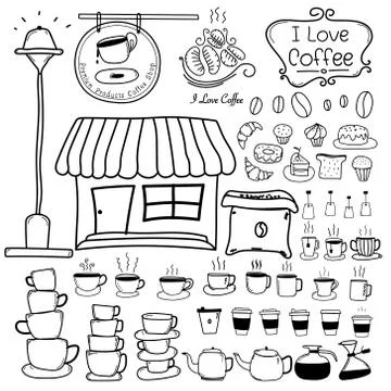 Line Hand Drawn Doodle Vector Set Of Coffee Shop. Vector Illustration. Stock Illustration
