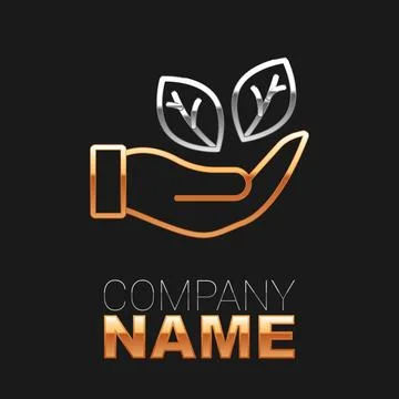 Line Hand hold a leaf of the plant icon isolated on black background. Care .. Stock Illustration