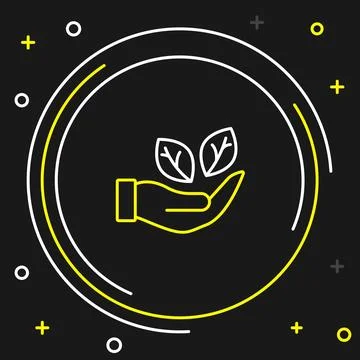 Line Hand hold a leaf of the plant icon isolated on black background. Care .. Stock Illustration