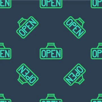 Line Hanging sign with text Open door icon isolated seamless pattern on blue Stock Illustration