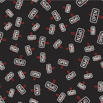 Line Hanging sign with text Open door icon isolated seamless pattern on black Stock Illustration