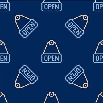 Line Hanging sign with text Open door icon isolated seamless pattern on blue Illustrazione stock