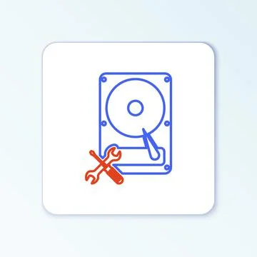 Line Hard disk drive with screwdriver and wrench icon isolated on white Stock Illustration