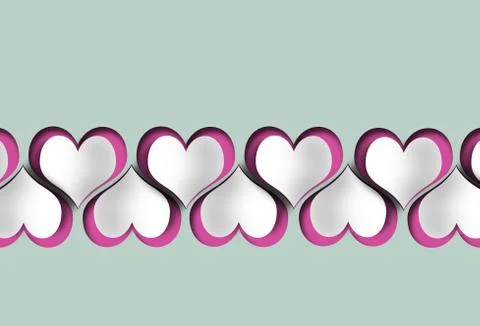 Line heart shape border with realistic paper hearts on pastel background Stock Illustration