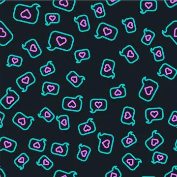 Line Heart in speech bubble icon isolated seamless pattern on black background Stock Illustration