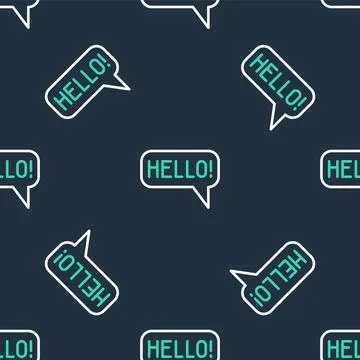 Line Hello in different languages icon isolated seamless pattern on black Stock Illustration