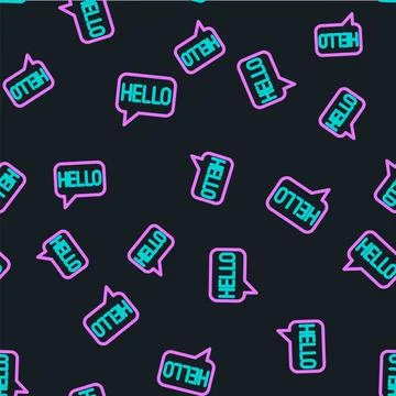 Line Hello in different languages icon isolated seamless pattern on black b.. Stock Illustration