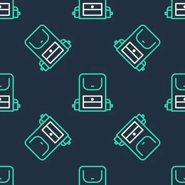 Line Hiking backpack icon isolated seamless pattern on black background. Camping 库存插图