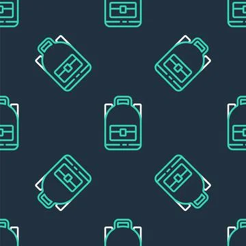 Line Hiking backpack icon isolated seamless pattern on black background. Camping Stock Illustration