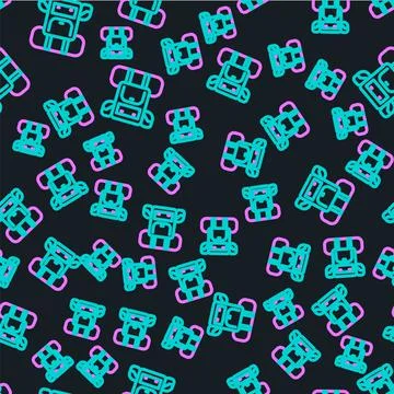 Line Hiking backpack icon isolated seamless pattern on black background. Camping 库存插图