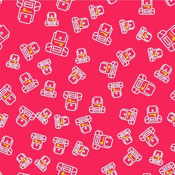 Line Hiking backpack icon isolated seamless pattern on red background. Camping 库存插图