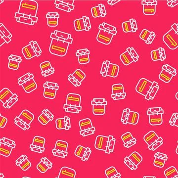 Line Hiking backpack icon isolated seamless pattern on red background. Camping Stock Illustration