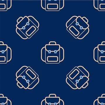 Line Hiking backpack icon isolated seamless pattern on blue background. Camping 库存插图