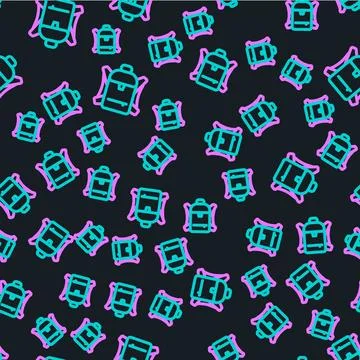 Line Hiking backpack icon isolated seamless pattern on black background. Camp Stock Illustration