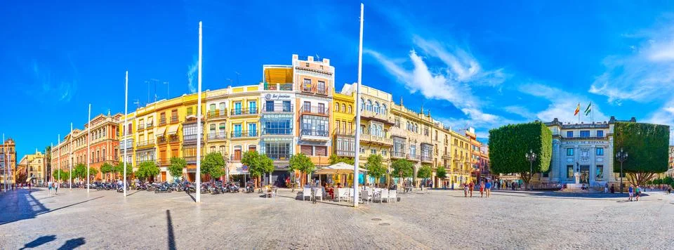 The line of historical edifices on San Francisco Sqaure in Seville, Spain Stock Photos