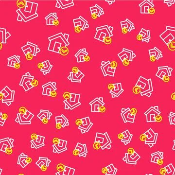 Line House with check mark icon isolated seamless pattern on red background Illustrazione stock