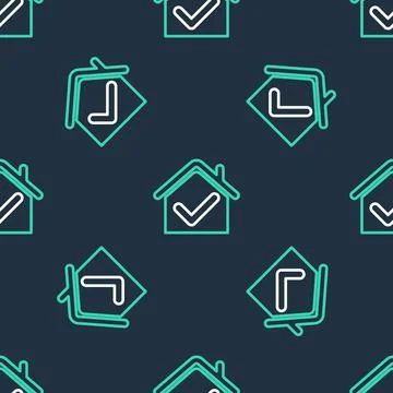 Line House with check mark icon isolated seamless pattern on black backgrou.. Illustrazione stock