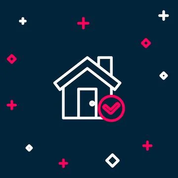 Line House with check mark icon isolated on blue background. Real estate ag.. Stock Illustration