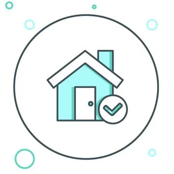 Line House with check mark icon isolated on white background. Real estate a.. Stock Illustration